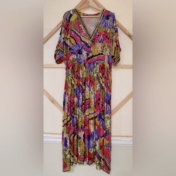 Vintage Judith Ann Creations Floral Silk Dress with Hand Sewn Sequins & Beading - Picture 2 of 13